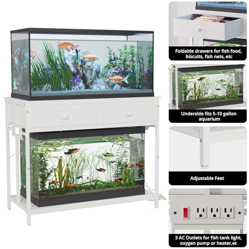 VOWNER 40 Gallon Aquarium Stand with Power Outlet, Metal Frame Fish Tank Stand with Cabinet Storage, Double Turtle Reptile Terrariums Tank Stand, 39.4" L*18.9" W Tabletop, 660LBS Capacity, White - color: White
