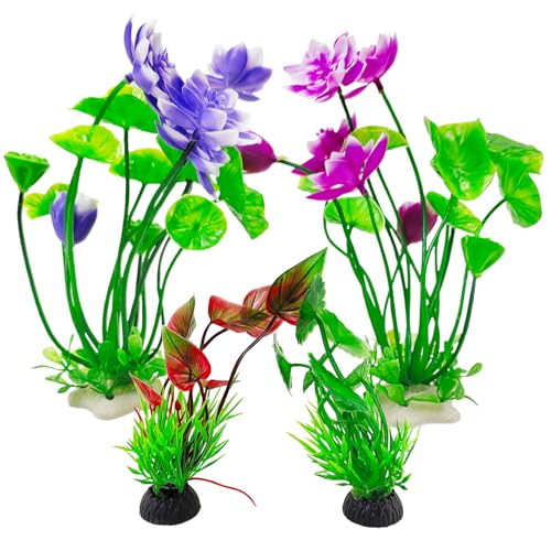 Hamiledyi 2 Pcs Artificial Lotus Flowers with Small Artificial Seaweed Plants Fish Tank Plastic Plants Decorations Purple and White-Purple Blossoms Artificial Water Plants Perfect for Aquarium Decor