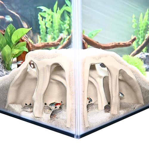 Aquarium Corner Underground Cave Natural Mangrove Tree | Viewing Fish Under Gravel Tunnel Hide | Fish Tank Hideout Decor Decoration Enrichment for Corydora Catfish, Loaches, Pleco, Betta (Bone White) - color: Bone White