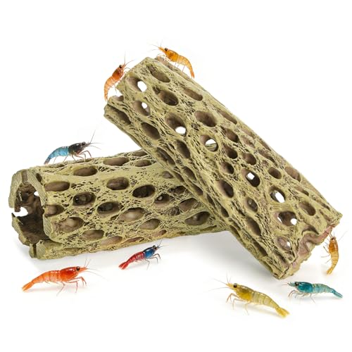 Hiceeden 2 Pcs Resin Cholla Wood for Aquarium, 6" Shrimp Hideout Driftwood Decor, Shrimp Cave Tank Accessories, Climbing & Chew Toy for Aquatic Habitat, Hermit Crabs, Fish, Snail, Reptiles