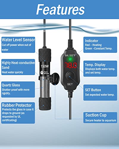 AquaMiracle Aquarium Heater 150W Fish Tank Heater for 15-30 Gal Tanks, LED Digital Display Thermostat Turtle Heater with Out-of-Water Auto Shut-Off, Overheat Protection & Memory Function - size: For 15-30 Gal Tank