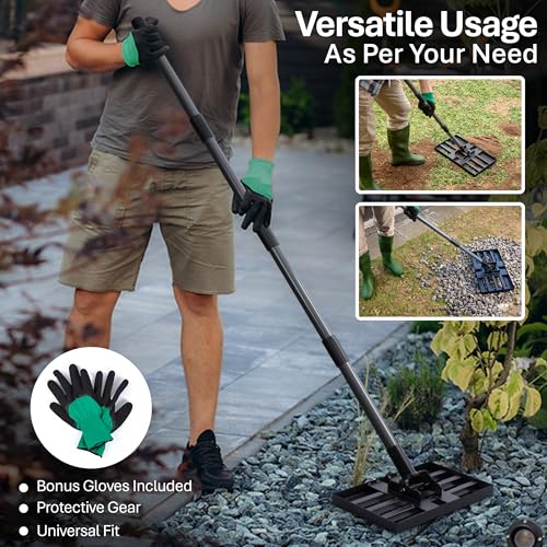 Lawn Leveling Rake with Work Gloves - Heavy-Duty Yard Leveling Rake - 17" X 10" Lawn Leveler Rake with 6.5ft Adjustable Pole - Quick to Assemble Rakes for Lawns and Garden