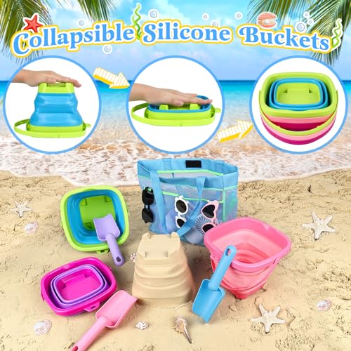 Collapsible Beach Buckets for Kids, Foldable Sand Buckets and Shovels with Mesh Bag, Silicone Sand Pails Travel Beach Toys for Toddlers Easter Egg Hunt, Camping and Fishing Water Pail - style: 3 Buckets