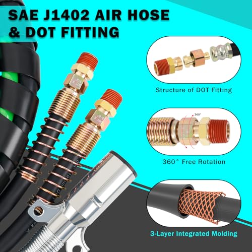 CheeMuii 18FT Semi Truck Air Line Kit with Gladhands Handles Air Line Holder and Springs Kit 7 Way Trailer Cord and 3-in-1 Air Brake Hoses for Semi Truck Trailer Tractor - size: 18FT-Black