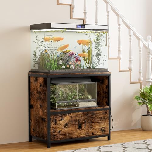 TQVAI 50-75 Gallon Fish Tank Stand with Power Outlets, Heavy Duty Aquarium Stand with Cabinet Storage Fish Tank Accessories, Large Reptile Terrarium Tank Stand, Black/Vintage - size: 50-75 Gallon
