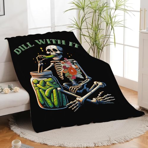 Pickle Skeleton Blanket for Girls Kids Women Adults Soft Cozy Flannel Fleece Funny Pickles Skull Throw Blankets Gifts Warm Fluffy Plush Decor for Couch Sofa 80"x60" - color: Pickled Skull, size: 80"x60"