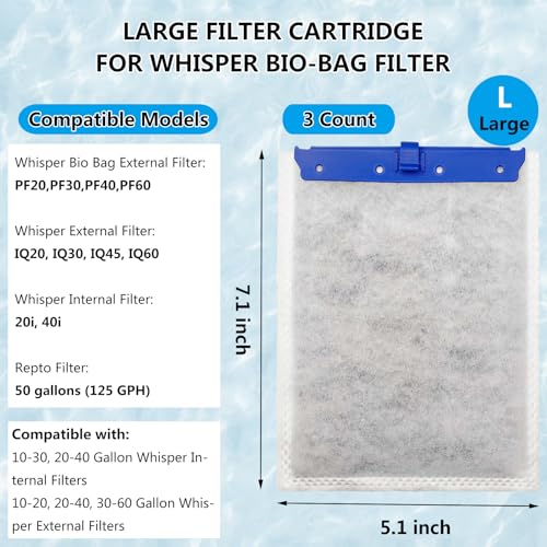3-Pack Large Filter Cartridges for Tetra Whisper Bio-Bag Filters, Large Aquarium Replacement Filter Cartridge for Whisper 20i, 40i, IQ20/30/45/60, PF20/30/40/60 Power Filters - size: Large 3-Pack