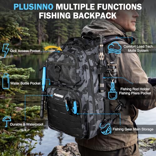 PLUSINNO Fishing Gear, Fishing Backpack with Tackle Box, Waterproof tackle Backpack with Rod Holders, Lures, Tools, Pliers & Accessories, Fish Gifts for Men - color: Camo Fishing Backpack With Fishing Kit