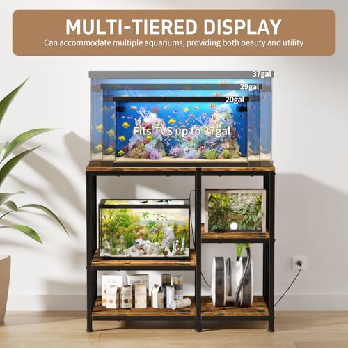 Reinforced 40-50 Gallon Aquarium Stand with Power Outlet, Ultra-Stable 720LBS Capacity Metal Fish, Tank Stand for Reptile/Aquatic Setups, 5-Tier Adjustable 37"x19" Steel Shelving System - color: Retro Brown, size: 40-50 Gallon