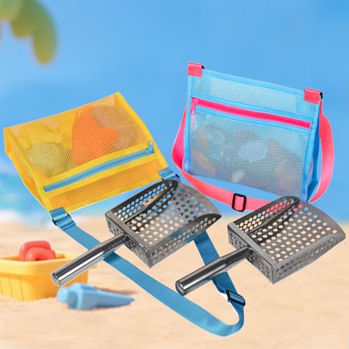 MUYIZI Sand Sifter Shovel with Mesh Beach Bag, Detachable Shell Scooper for Beach,Sand Scoop for Shell Collecting, Shark Teeth Sifter Dipper, Beach Toys for Kids & Adults(Bright Pink+Blue) - color: Bright Pink+blue