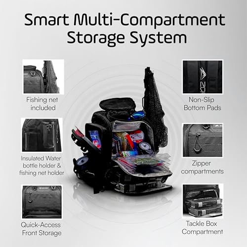 Waterproof Fishing Backpack with Tackle Boxes, Rod Holder & Foldable Net - 40L Fishing Tackle Bag with Trays Included, Extra Storage Gear and Equipment, Rain Cover, Fisherman Gift for Men - color: Medium (40 L) - Black