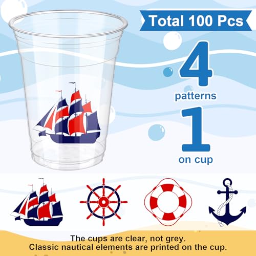 Qinyoung 100 Pcs Nautical Disposable Plastic Cups 12 oz Anchor Theme Blue Clear Party Cups Cold Beverage Drinking Container for Nautical Ocean Theme Birthday Party Supplies - style: Nautical