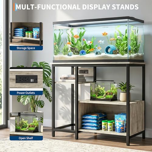 Heavy Duty 40-50 Gallon Aquarium Stand - Metal & Wood, 4-Tier Open Storage Shelves, Drawer, Power Outlets, Sturdy Legs, Supports up to 660LBS, 36.6" x 18.9" x 30.7" - Gray - color: Gray