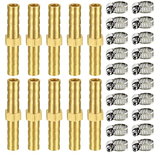 Joywayus 3/8" ID Hose Barb Fitting Hex Union Brass Fitting Water/Fuel/Air with 20 Stainless Steel Clamps(Pack of 10) - size: 3/8 Inch, style: 10PCS