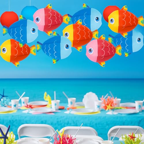15Pcs Under the Ocean Sea Fish Party Decorations Paper Hanging Lanterns: Fishing Theme Decor for Beach, Summer, Mermaid, Luau, Hawaiian, Birthday Supplies
