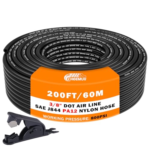 CheeMuii 200 FT 3/8 Pneumatic Tubing 3/8" DOT Air Line SAE J844 PA12 Nylon DOT Air Hose 61 Meter 3/8 Inch OD Pneumatic Air Tubing Pipe Hose Line - color: Black, size: 3/8"OD-200FT