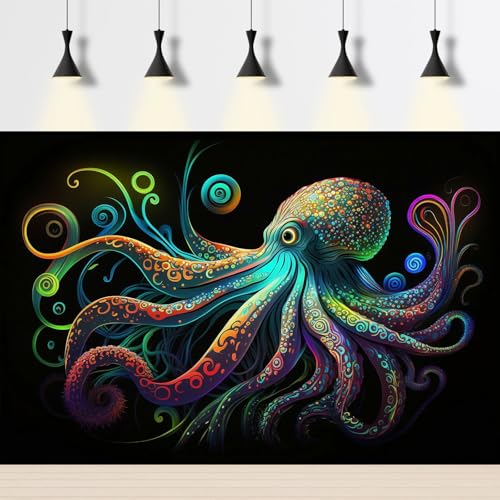 Octopus Aquarium Background Exquisite Colorful Octopus Terrarium Background Glowing Octopus on Black Background Fish Tank Backdrop Octopus Backdrops Poster Wallpaper Decorations Vinyl 30x12in - color: Cartoon Green, size: 30(W)x12(H)in