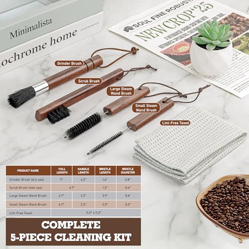 Takavu Coffee Grinder Cleaning Kit – 5pcs Boar Bristle Grinder Brush, Detail Scrub Brush, Steam Wand Brushes & Microfiber Towel for Espresso Machine Coffee Maker Pour Over - color: Kit