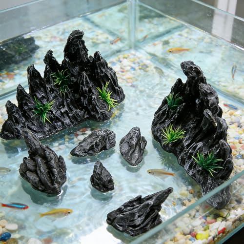 Large “Soul Valley” 7pcs Resin Aquarium Decor Set – Fish Tank Decorations, Imitation Stone Ornaments for 12-20 inch aquariums, Natural Rock Style Decor for Fresh/Saltwater Landscaping Aquariums