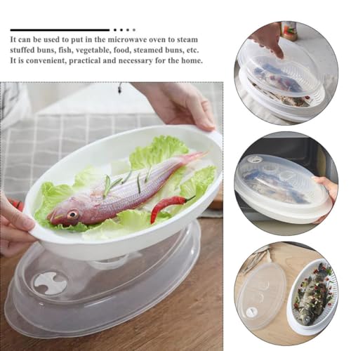 SUPVOX Microwave Oven Steamer Plate with Lid, White Fish Steaming Holder for Quick Heat Transfer and Water Retention, Food Steamer Suitable for Kitchen Cooking and Microwave Use