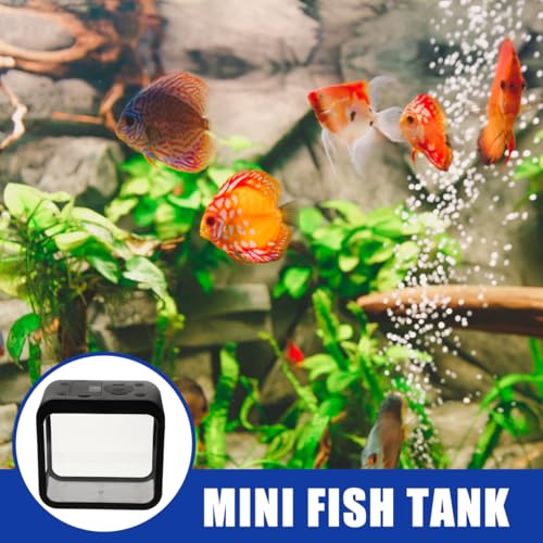 Mini Fish Tank with Light Color Changing Led Small Transparent Fish Breeding Box Desktop Aquarium for Home Decor 5.11X4.72X3.14 Inches - color: Black