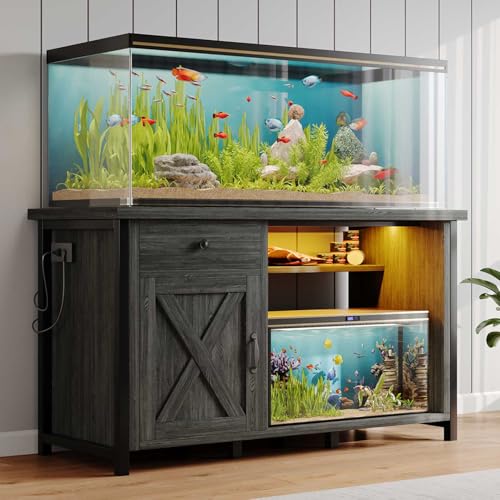 4ever2buy 55-75 Gallon Fish Tank Stand with Power Outlets, LED Light, Heavy Duty Aquarium Stand with Cabinet for Fish Tank Accessories Storage, for Turtle Tank, Reptile Terrarium, 1100LBS, Gray - color: Gray