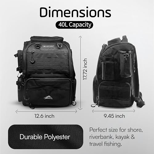 Waterproof Fishing Backpack with Tackle Boxes, Rod Holder & Foldable Net - 40L Fishing Tackle Bag with Trays Included, Extra Storage Gear and Equipment, Rain Cover, Fisherman Gift for Men - color: Medium (40 L) - Black