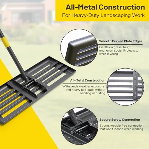 Lawn Leveling Rake,30x10 Inch Ground Plate,72 Inch Adjustable Long Handle Yard Level Tool with Curved Edge,Heavy Duty Large Landscaping Lawn Leveler for Grass, Golf Field, Soil Sand Dirt Spreader - size: 30"x10", 72"