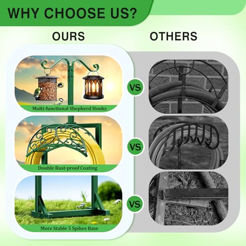 Garden Hose Holder - Upgraded Water Hose Holders for Outside with 5 Spikes & 2 Shepherds Hooks, Freestanding Hose Stand Hose Hanger Hose Storage Hose Reel Rack for Yard Lawn(Green) - color: Green