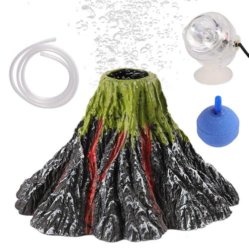Aquarium Volcano Ornament Kit, Bubbler Decorations for Aquarium, Colorful LED Aquarium Light, Resin Volcano with Air Stone and Airline Tube for Fish Tank Decor and Oxygenation