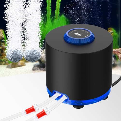 AQQA Aquarium Air Pump, Quiet Powerful Fish Tank Air Pump 3W/6W/10W with Stainless Steel Dual Outlet, Adjustable Oxygen Aerator Pump with Air Stone Bubbler for Fish Tank Up to 200 Gallon 10W (Tubby) - style: 10W(Tank Up to 200 Gallon Aquariums)