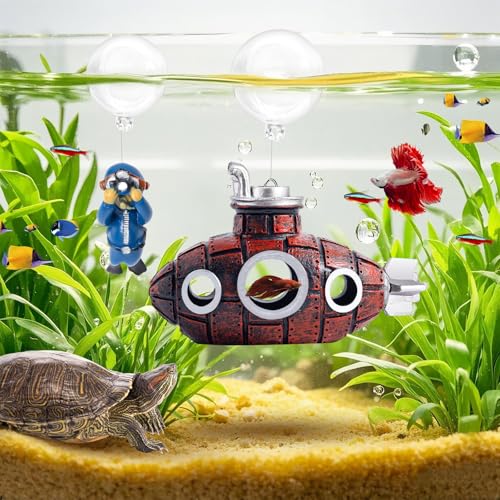 New Upgrade Floating Fish Tank Decoration, Cute Retro Submarine Set and Floating Diver,Three Float Balls, Aquarium Decorations Resinous Betta Fish Tank Accessories - color: Reddish Brown