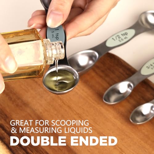 ChefAide Pack of 8 Stainless Steel Magnetic Measuring Spoons Set, Dual Sided, Stackable, Adjustable Teaspoon and Tablespoon Measure Spoon with Leveler, Kitchen Gadgets - color: Multicolor-7, size: Magnetic Measuring Spoons