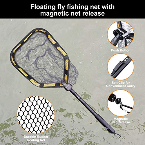 PLUSINNO Floating Fishing Net for Steelhead, Salmon, Fly, Kayak, Catfish, Bass, Trout Fishing, Rubber Coated Foldable Landing Net with Fixed or Telescoping Pole Handle, Fishing Gear and Gifts for Men - color: 11.8"/30cm Hoop Size Orange (with Magnetic Rel