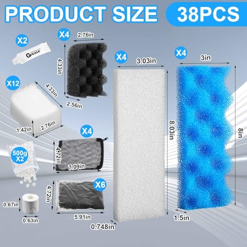 38 Pcs Aquarium Filter Media Kit Compatible with Fluval 306/307, Canister Maintenance Replacement Including 24 Foam Pad, 2 500g Ceramic Rings, 4 Filter Bags, 6 Activated Carbon, 2 Grease