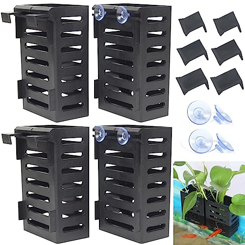 4 Pcs Aquarium Plant Holder, Fish Tank Plant Holder with Hooks and Suction Cups, Aquarium Planter Cups for Emersed Plants, Suitable for Aquatic Plant Cultivation and Water Feature Decoration. - color: 4 PCS Black_Hook+Suction cup