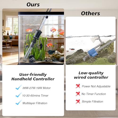 AKKEE Aquarium Vacuum Gravel Cleaner Handle Control, 8 in 1 Multifunctional 36W Electric Fish Tank Cleaner Vacuum for Automatic Water Change, Wash Sand, Water Circulation and Timed Off, Black