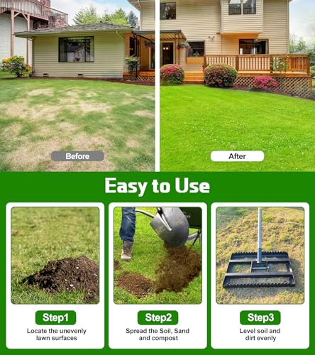Lawn Leveling Rake - Heavy Duty Yard Leveler , Reinforced Welds, 74" Adjustable Handle, Reversible Plate for Soil, Dirt, Ground, Backyard Top Dressing, Landscaping (17x10 inch)