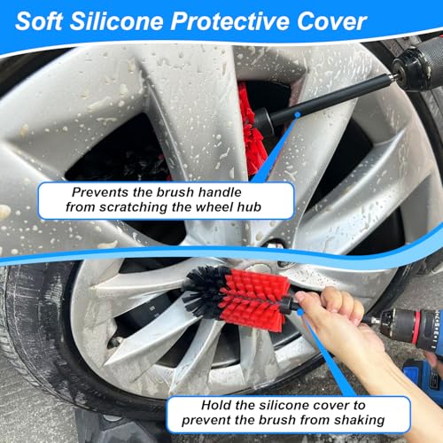 Wheel Brush Kit, Soft Drill Wheel Cleaner Brush, No Scratches Highly Dense Car Cleaning Brush Set for Wheels, Rims, Engines, Exhaust(Red/Black,2Pcs) - color: Red/Black,2pcs