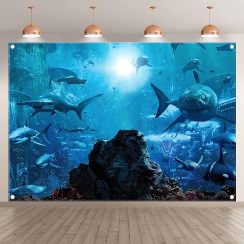 Fabric 7x5ft Shark Theme Photography Backdrop Underwater Deep Ocean Animals Fish Background Aquarium Kids Party Decorations Photo Banner Props
