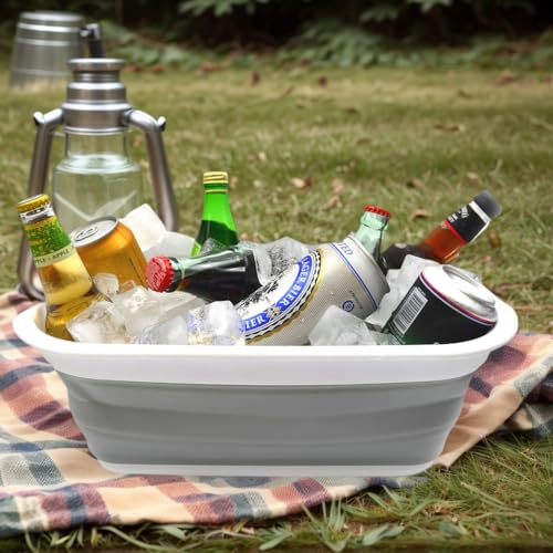 SAMMART 9.2L (2.37Gallon) Collapsible Wash Basin - Foldable Outdoor Picnic Basket - Portable Plastic Tub - Space Saving Storage Container with size : 15.3 x 11.2 x 5.5 / 1.5" (M, Gray) - color: Gray, size: M