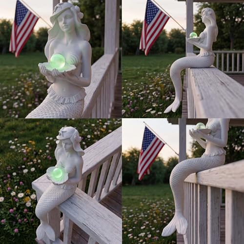 9.6" Mermaid Statues Outdoor, Timeless Moments for Fairy Tales, Pond Ornaments, Poolside Garden Decor, Koi Fish Pond, Unique Fisherman Gifts (White) - color: White Mermaid