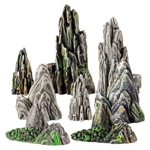 Toyvian Mini Resin Rockery Statues, 8Pcs Miniature Mountain Figurines for Aquarium Decor Fairy Garden Tiny Accessories for Terrarium Bonsai Zen Garden Fish Tank Landscaping