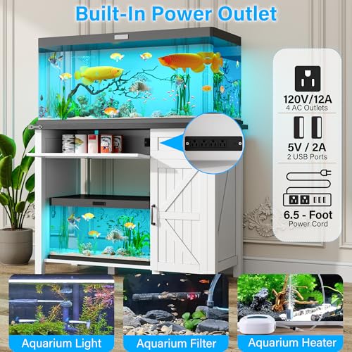 kepptory 40 Gallon Fish Tank Stand with Power Outlets, Farmhouse Decorative Aquarium Stand Furniture with Adjustable Shelves and Drawer, Reptile Turtle Tank Stand with Cabinet Storage (White, 30-40GL) - color: White, size: 41.9"L x 18.3"W x 31.5"H
