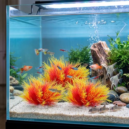 Telooco 3 Pack Aquarium Plants Plastic Realistic Fish Tank Plants with Weighted Base Small Round Aquarium Decor for Betta Tanks Aquascaping Reptile Terrariums (Pink and Yellow) - color: Pink and Yellow