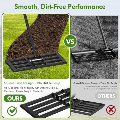 Seeutek Lawn Leveling Rake, 17” x 10” Lawn Leveler with 6.5FT Stainless Steel Handle Rakes for Lawns, 0-180° Adjustable Ground Leveler Tool for Yard, Level Soil Sand Dirt Surfaces - size: 17"*10"
