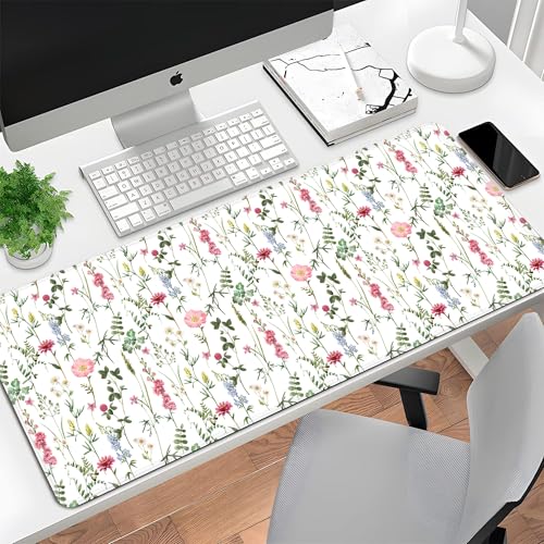 White Kawaii Flower Mouse Pad Large Desk Mat Extended Keyboard Mouse Pad Cute Mousepad with Non-Slip Base and Stitched Edge Floral Mouse Mat Desk Pad 31.5 x 11.8 Mouse Pads for Desk Home Office Gaming - color: White Wildflower