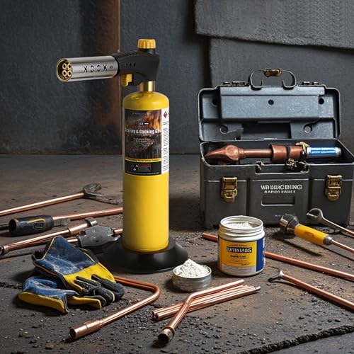 Propane Torch Head Kit with 2x MAPP Gas Tank,4-Flame Blow Torch Head Trigger Start Propane Torch with Igniter MAP Gas Torch Grill Gun on 1-lb Propane Tank Holder for Soldering Brazing Cooking
