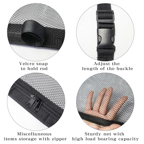 Klmnop Car Fishing Rod Holder, Double Layers Ceiling Fishing Rod Storage Net with 5 Rod Capacity and Zipper, Foldable Mesh Fishing Rod Storage for Car Inside(Black)