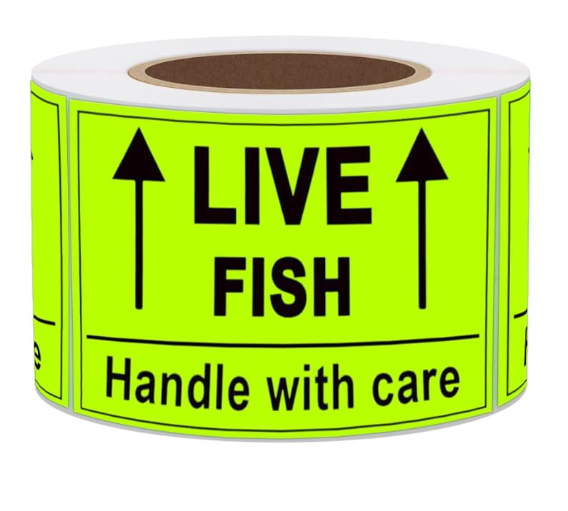 Remarkable Live Fish Stickers Shipping Labels, 2 X 3 Inch Fluorescent Green Please Handle with Care Stickers - 250 Adhesive Labels Per Roll